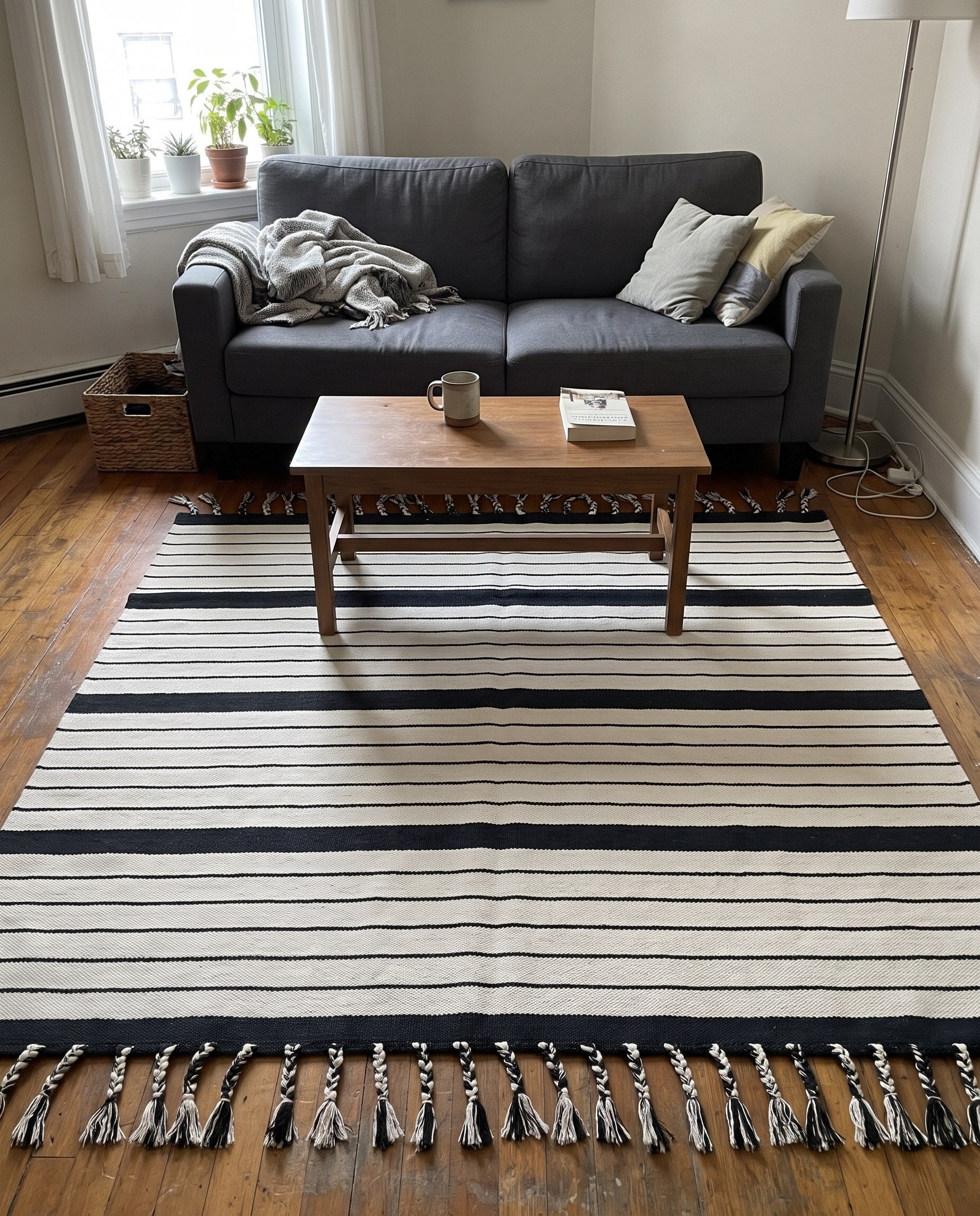 7' 1 x 7' 1 Ottley · Striped Chindi Rug, black and white