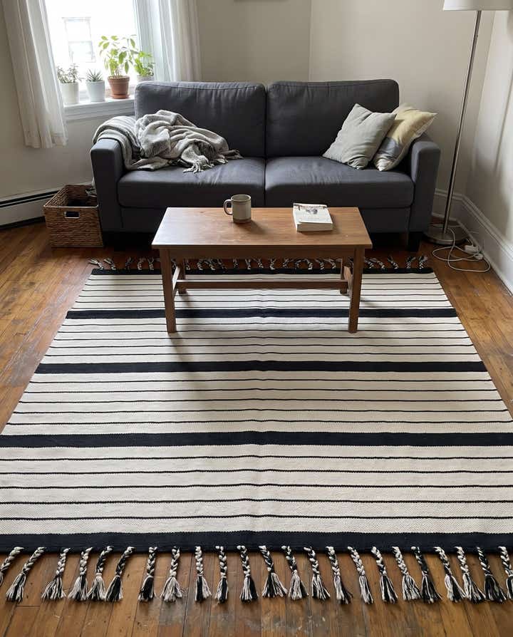 7' 1 x 7' 1 Ottley · Striped Chindi Rug, black and white