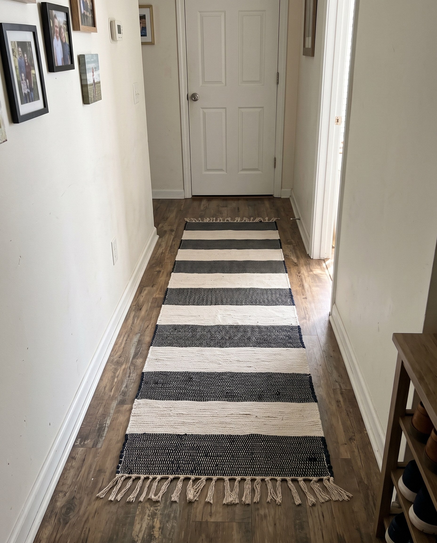 1' 2 x 10' Flagstaff · Striped Chindi Rug, navy and ivory