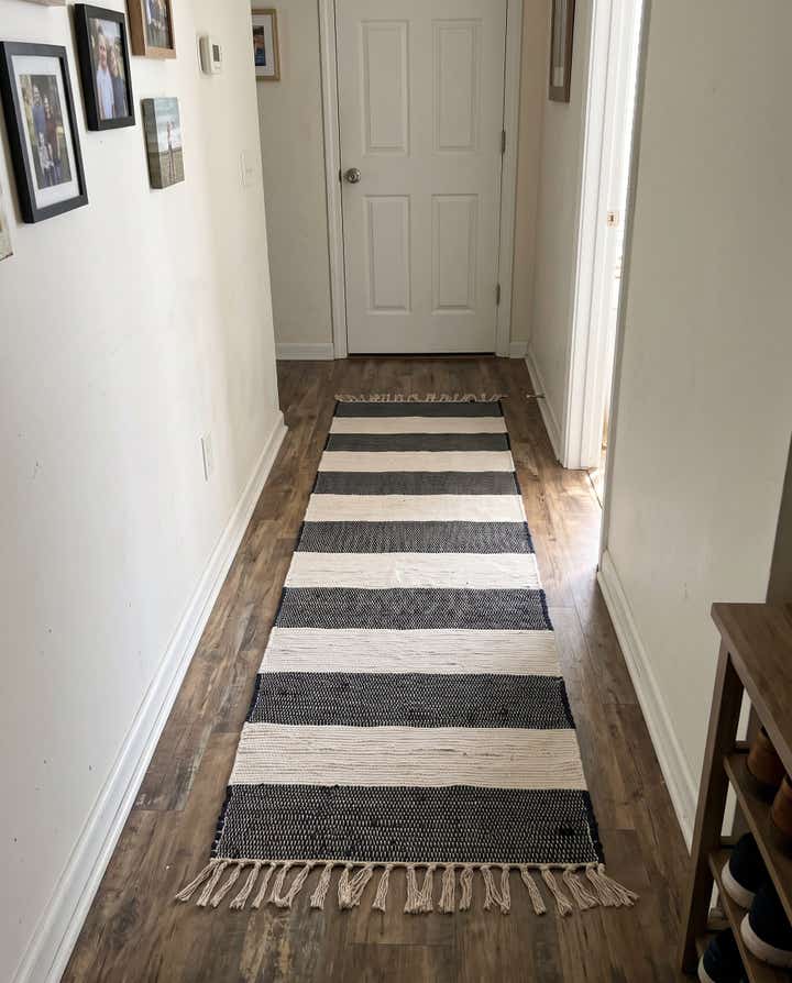 1' 2 x 10' Flagstaff · Striped Chindi Rug, navy and ivory