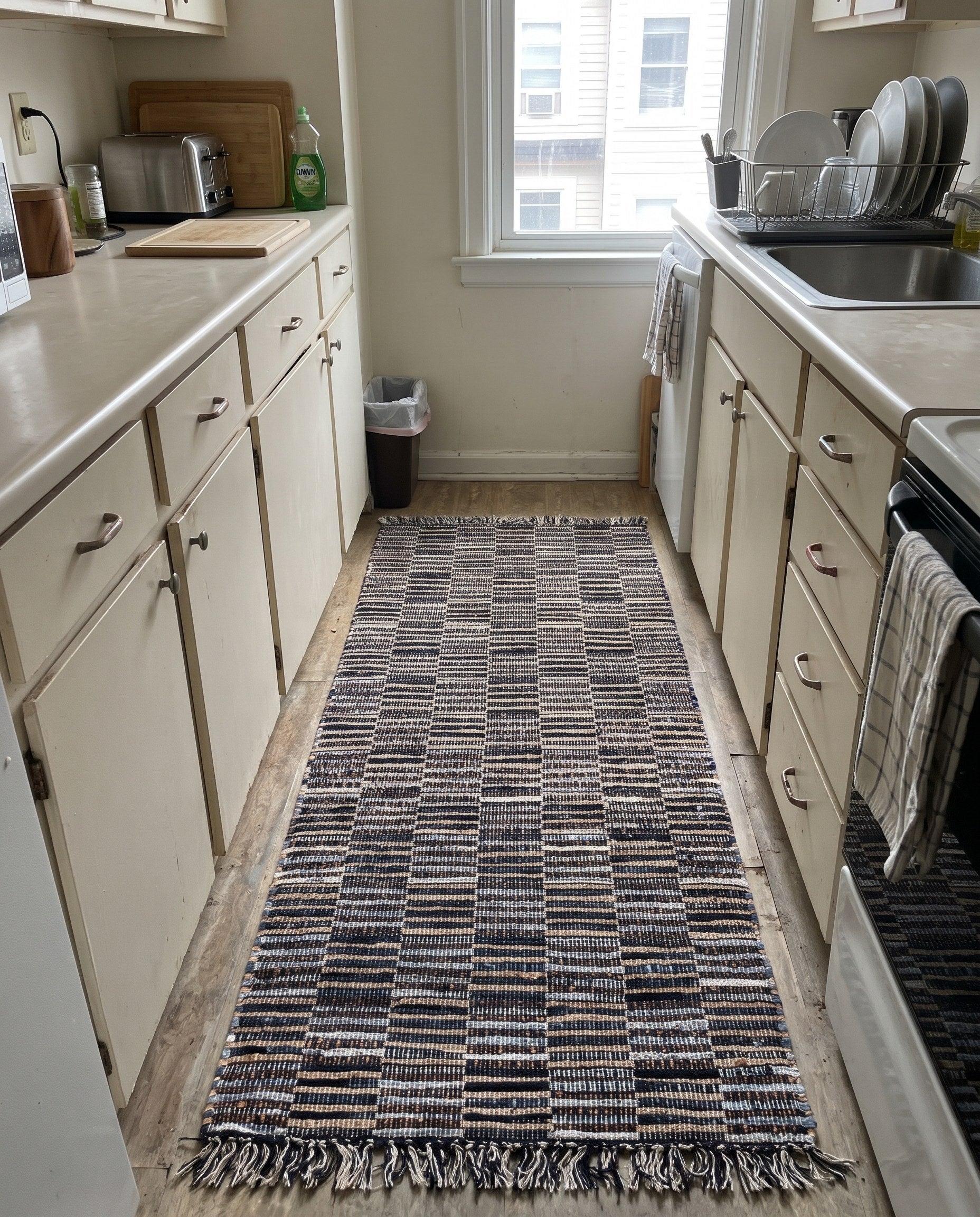 1' 2 x 10' Ratcliff · Striped Chindi Rug, charcoal, beige and blue