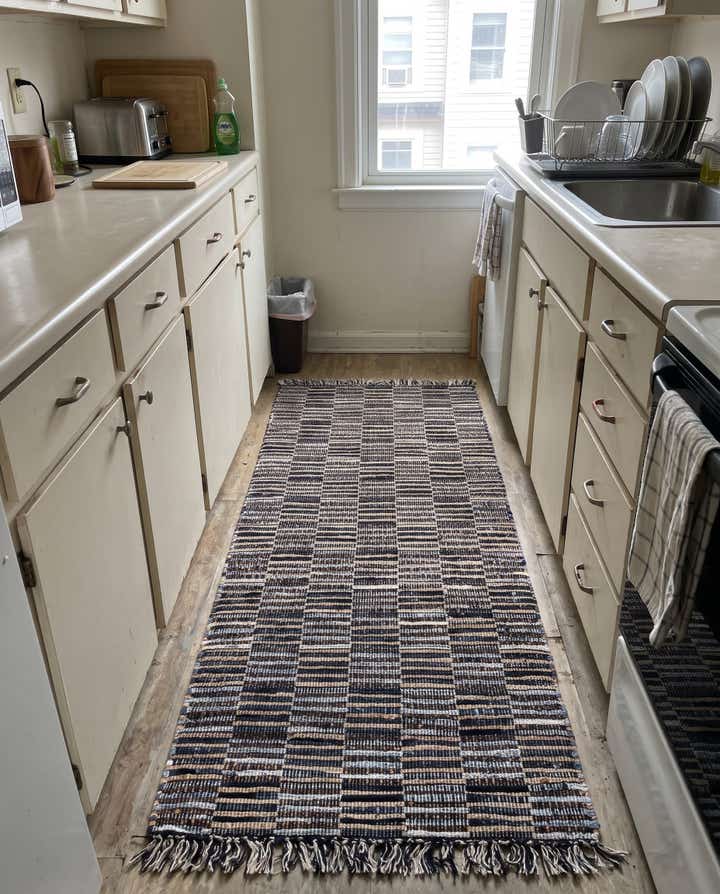 1' 2 x 10' Ratcliff · Striped Chindi Rug, charcoal, beige and blue