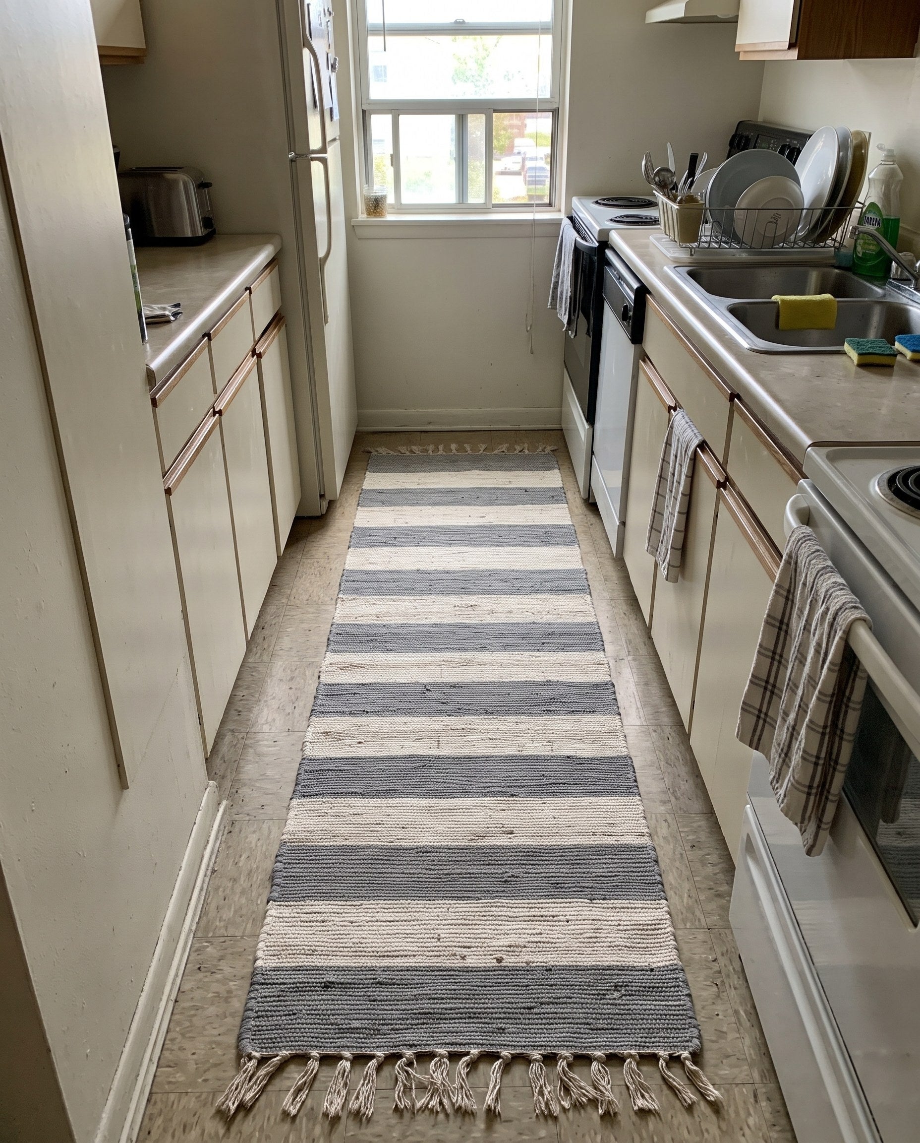 1' 2 x 10' Flagstaff · Striped Chindi Rug, gray and ivory