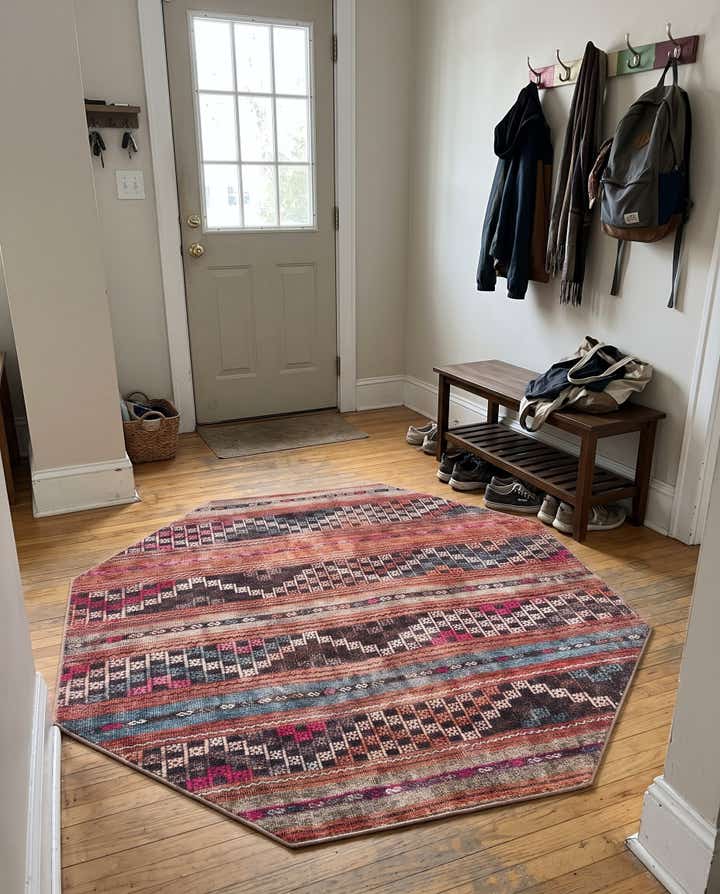 7' 6 x 7' 6 Wetherby · Tribal striped Washable Rug, rust and black