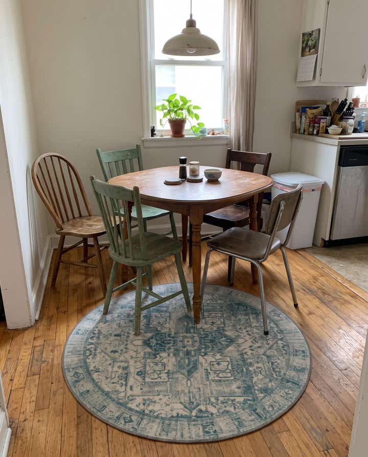 3' 6 x 3' 6 Clive · Faded medallion Washable Rug, teal and ivory