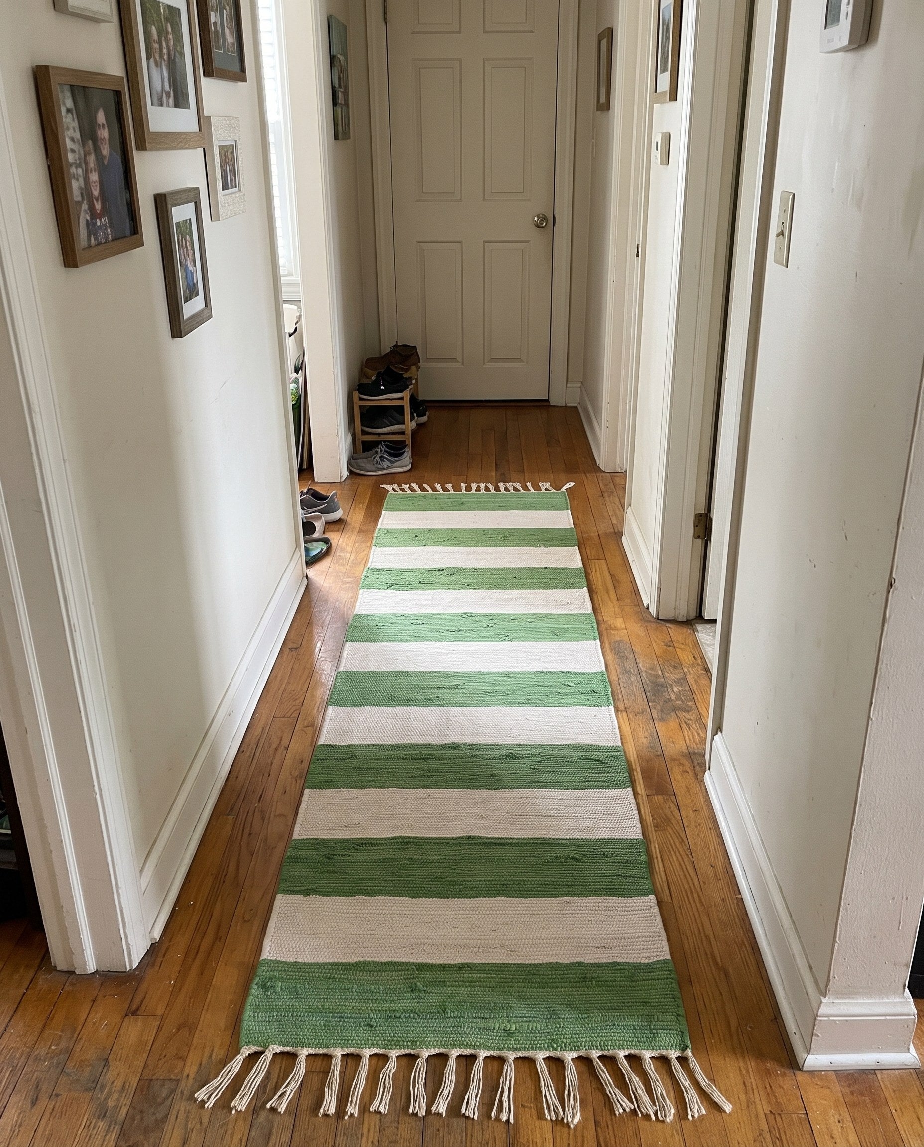 2' 2 x 8' Flagstaff · Striped Chindi Rug, green and ivory