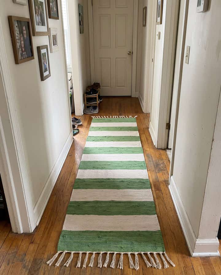 2' 2 x 8' Flagstaff · Striped Chindi Rug, green and ivory
