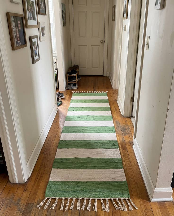 Detail image of 2' 2 x 8' Flagstaff · Striped Chindi Rug, green and ivory