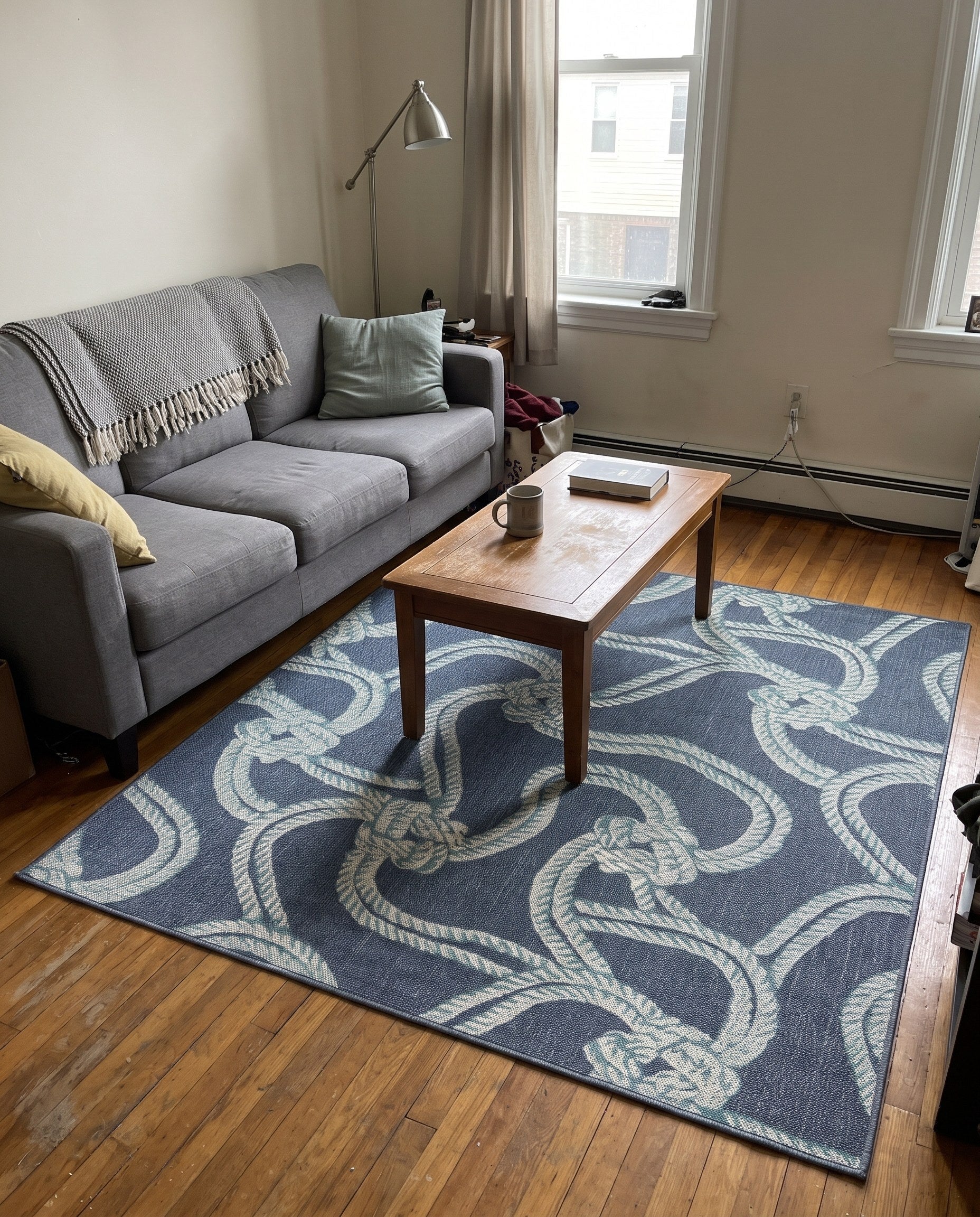 7' 10 x 7' 10 Calder · Nautical rope Outdoor Rug, navy and ivory