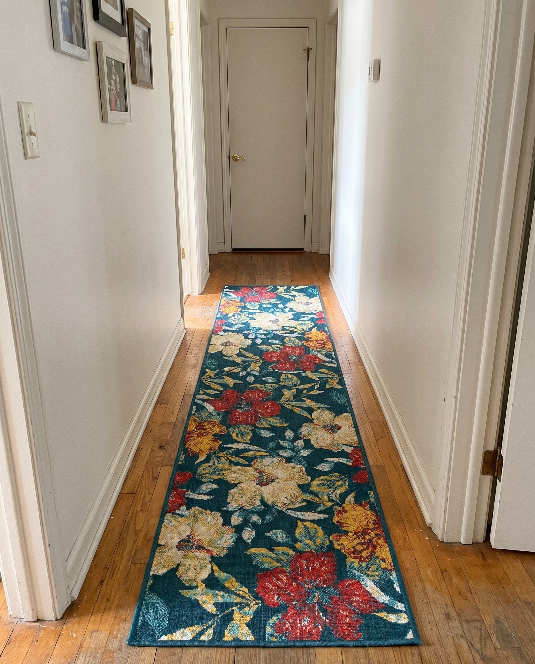 2' 7 x 12' Bickford · Tropical floral Outdoor Rug, navy and yellow