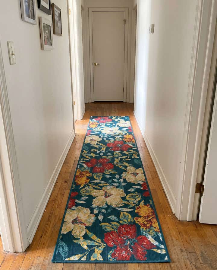 2' 7 x 13' Bickford · Tropical floral Outdoor Rug, navy and yellow