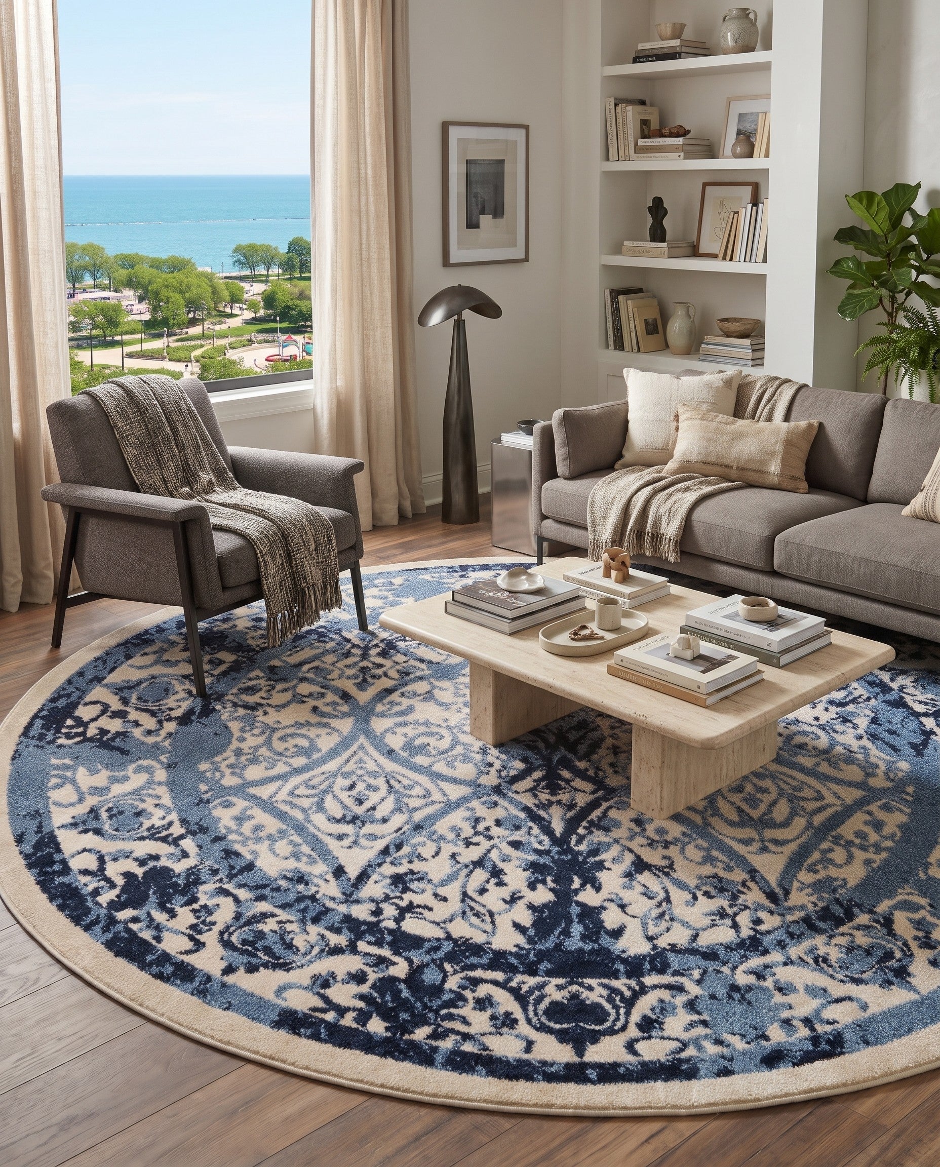 Ivory and Blue Miranda Round Rug