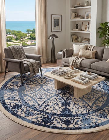 Ivory and Blue Miranda Round Rug