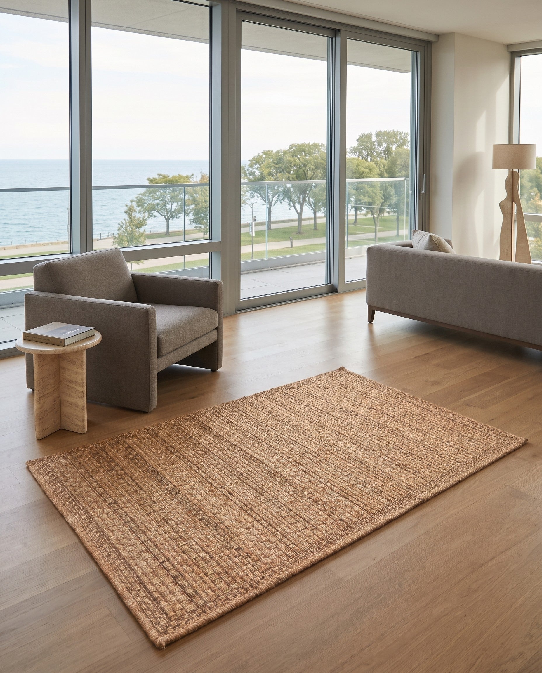 Light Brown Easy-Clean Paxton Border Indoor / Outdoor Rug