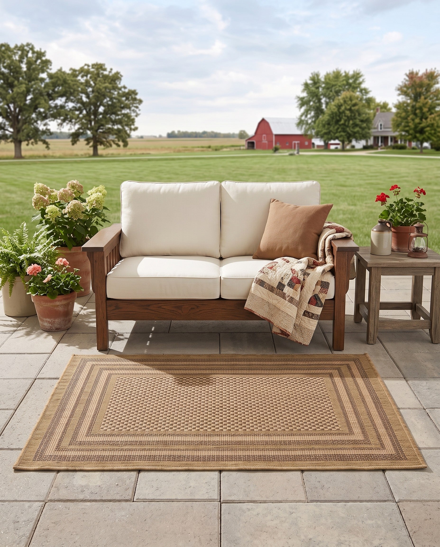 Light Brown Easy-Clean Border Indoor / Outdoor Rug