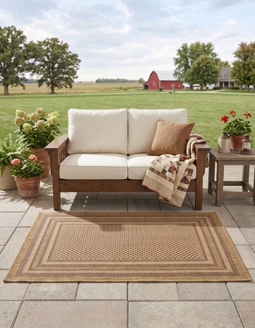 Light Brown Easy-Clean Border Indoor / Outdoor Rug