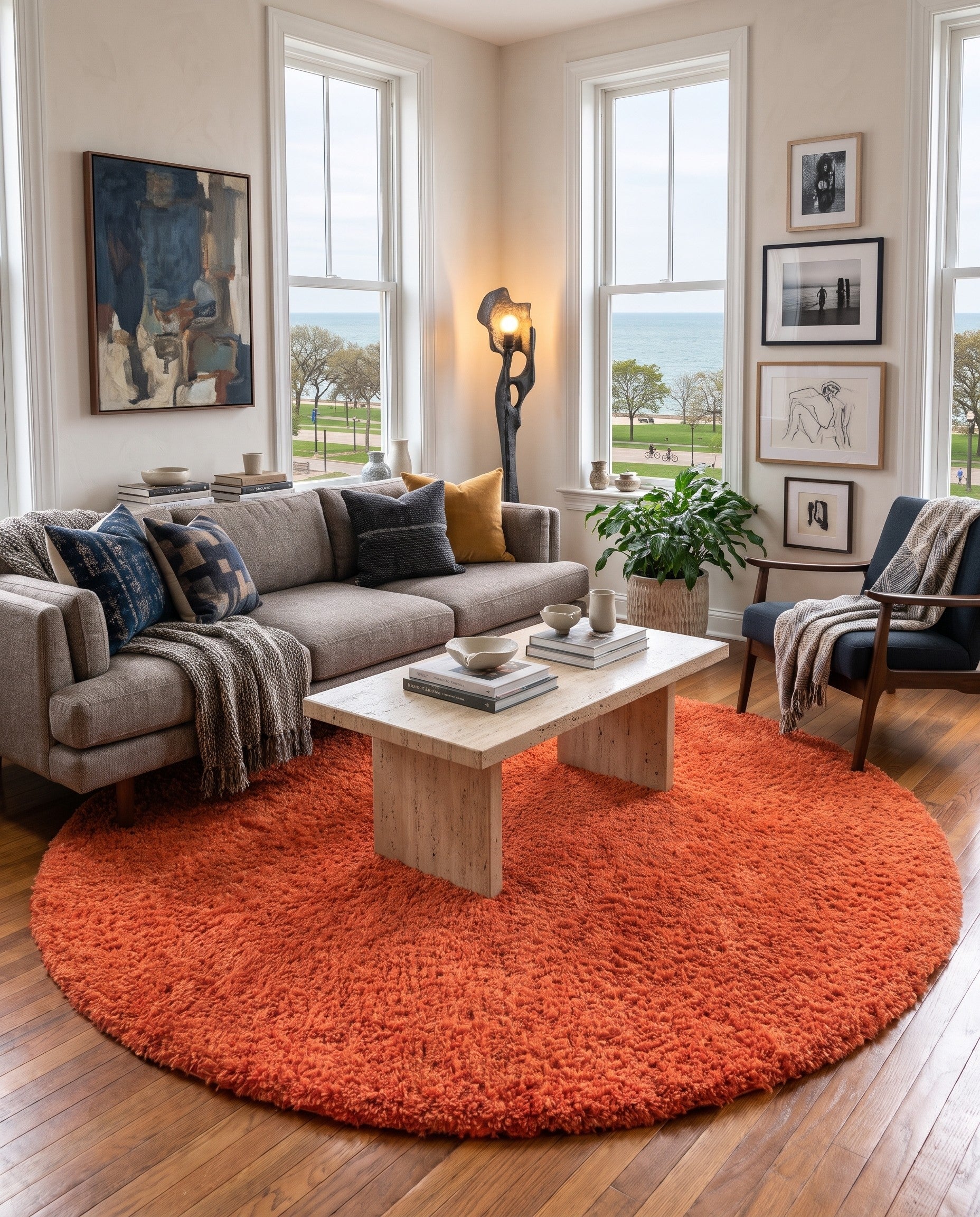 Tiger Orange Solid Shag Round Rug
