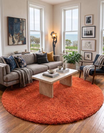 Tiger Orange Solid Shag Round Rug