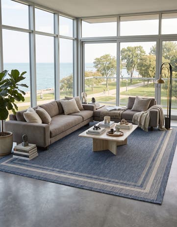 Blue Easy-Clean Border Indoor / Outdoor Rug
