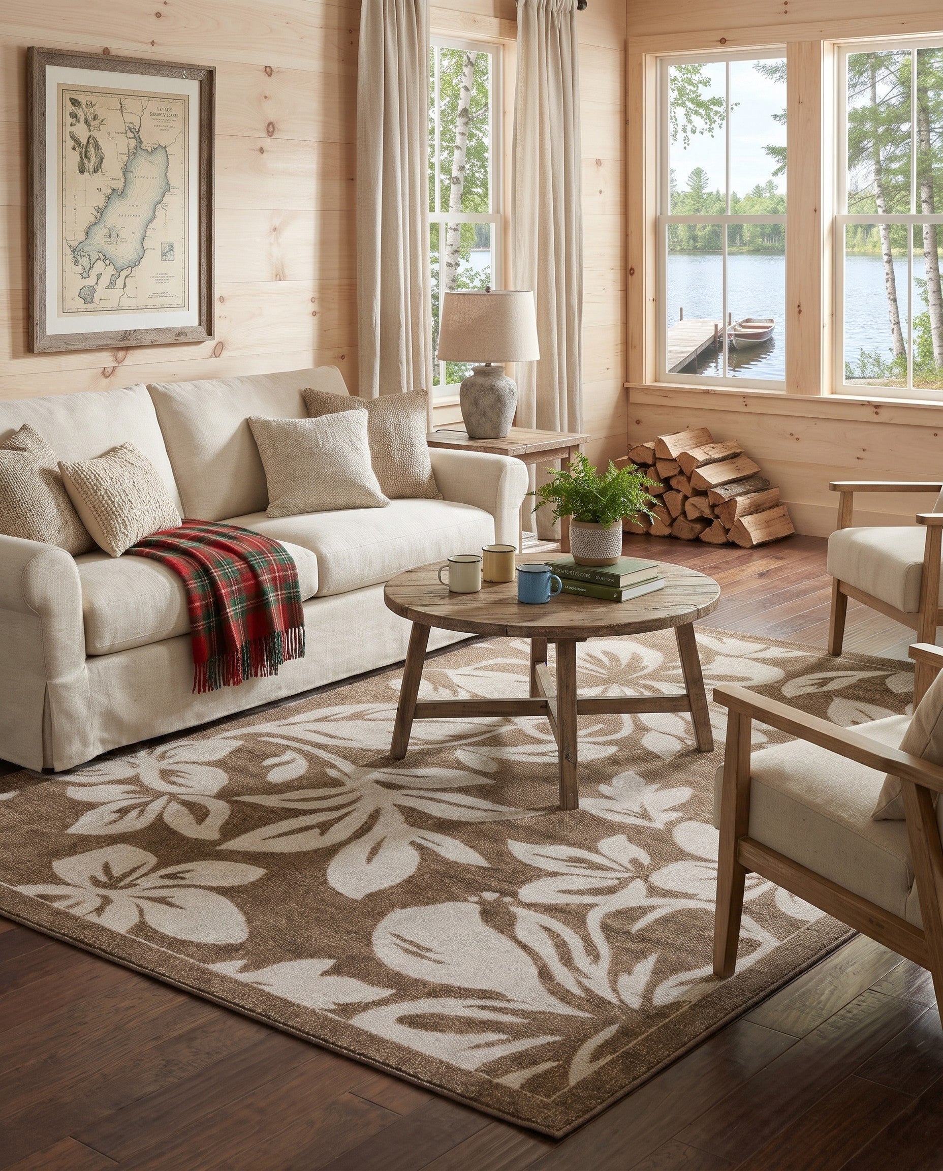 Beige Easy-Clean Botanical Indoor / Outdoor Rug
