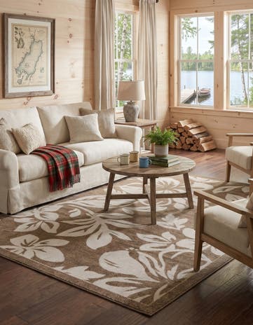 Beige Easy-Clean Botanical Indoor / Outdoor Rug