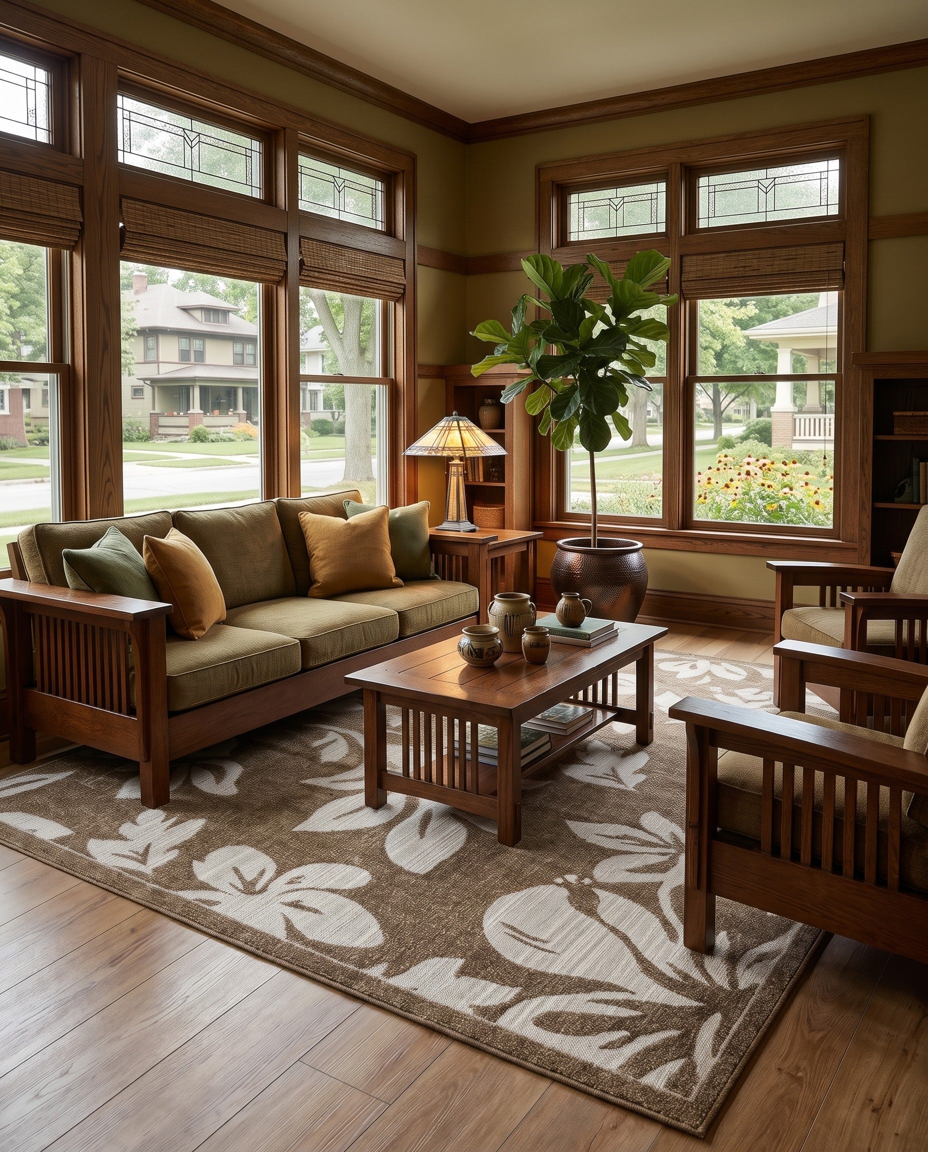 Beige Easy-Clean Botanical Indoor / Outdoor Rug