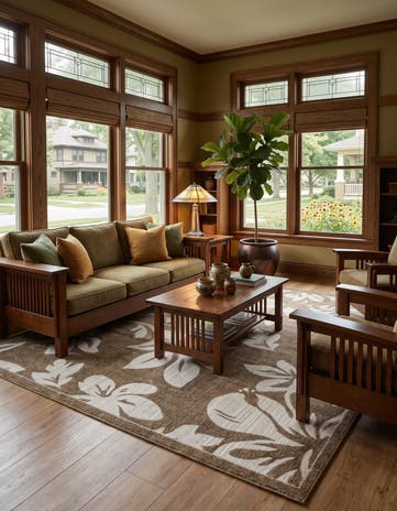 Beige Easy-Clean Botanical Indoor / Outdoor Rug