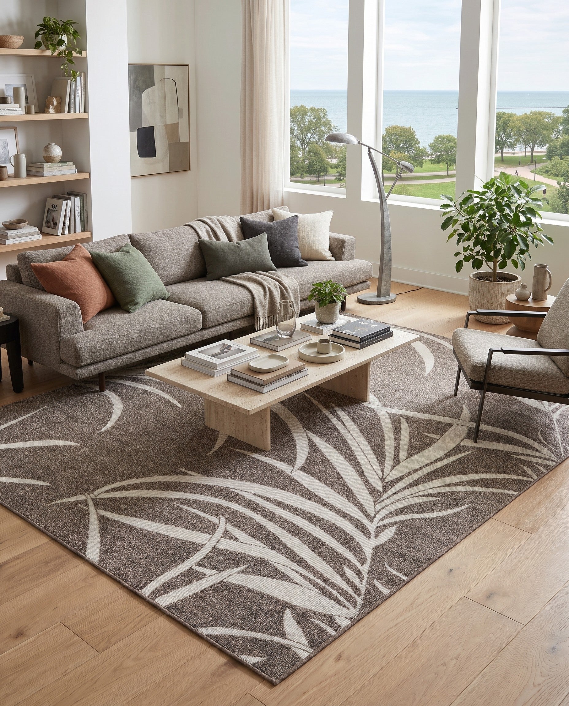 Brown Easy-Clean Botanical Indoor / Outdoor Rug
