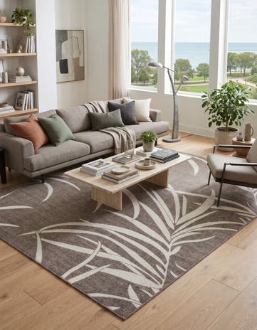 Brown Easy-Clean Botanical Indoor / Outdoor Rug