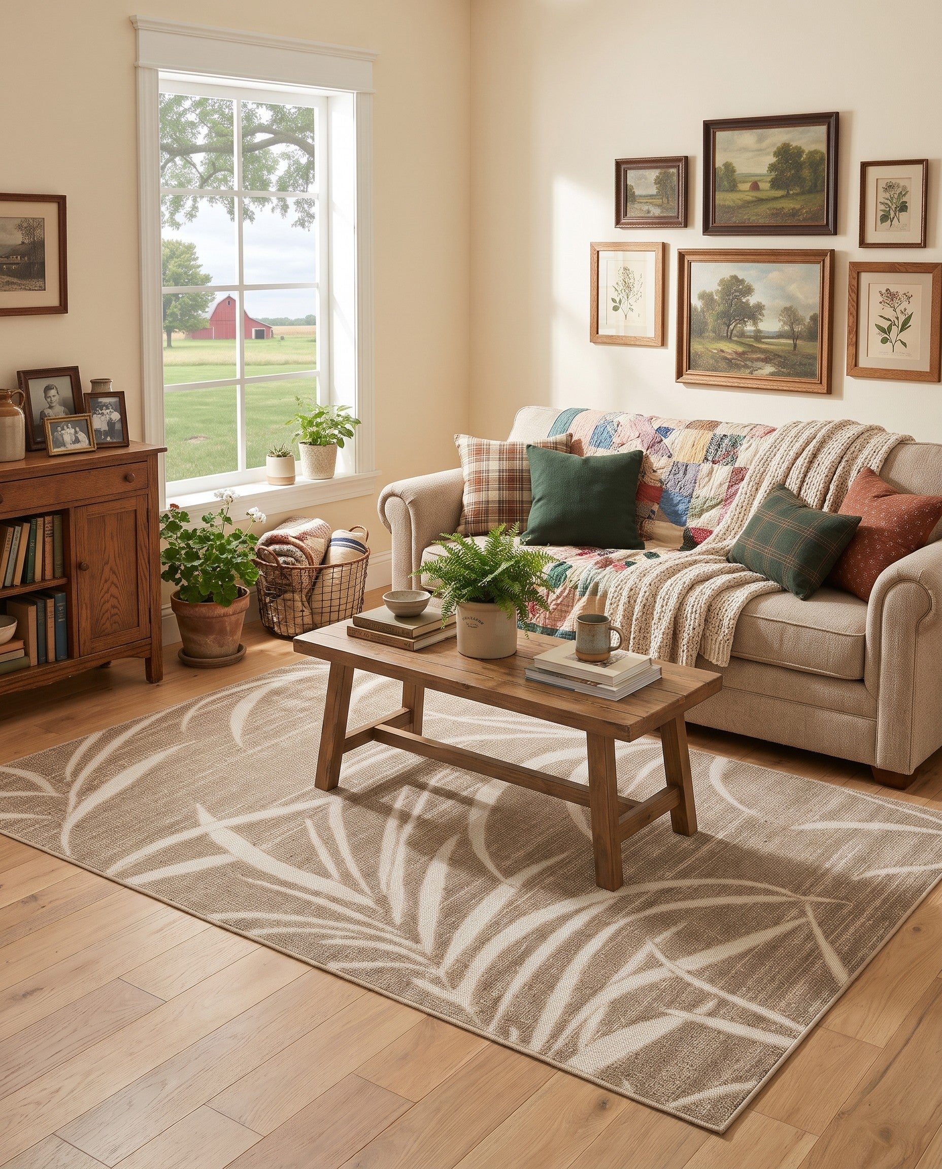 Beige Easy-Clean Botanical Indoor / Outdoor Rug