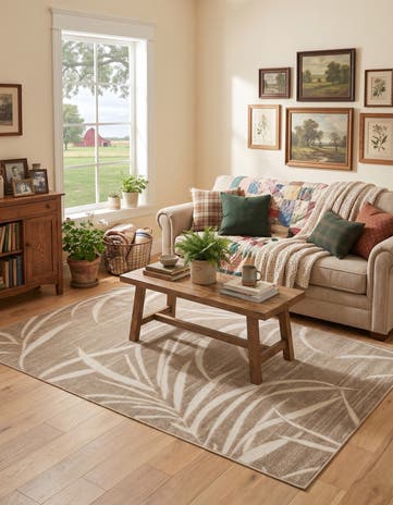 Beige Easy-Clean Botanical Indoor / Outdoor Rug