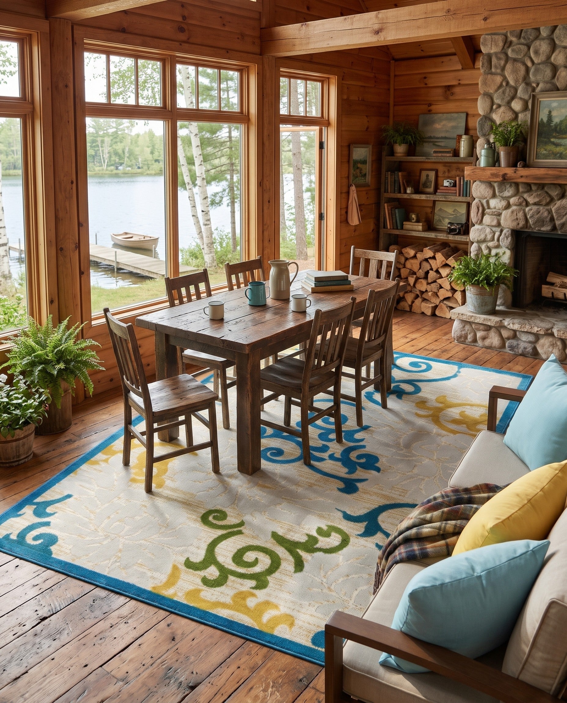 Blue Easy-Clean Botanical Indoor / Outdoor Rug