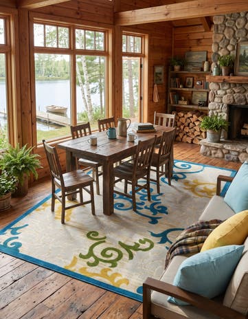 Blue Easy-Clean Botanical Indoor / Outdoor Rug