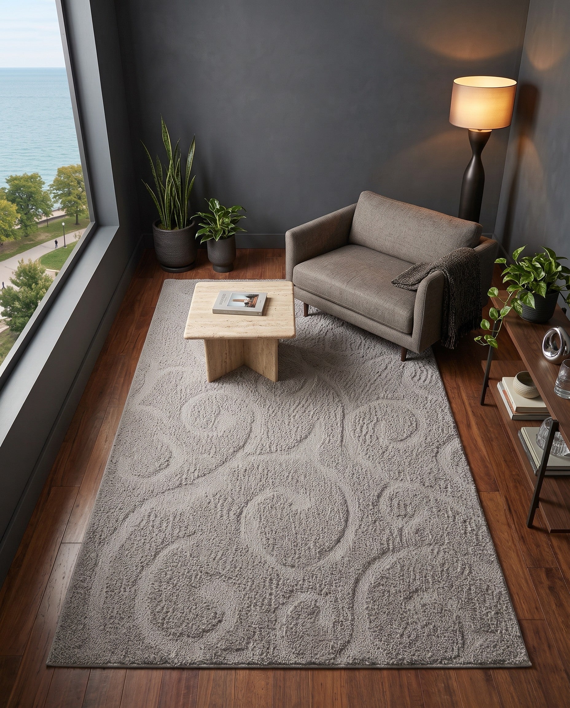 Light Gray Botanical Shag Rug