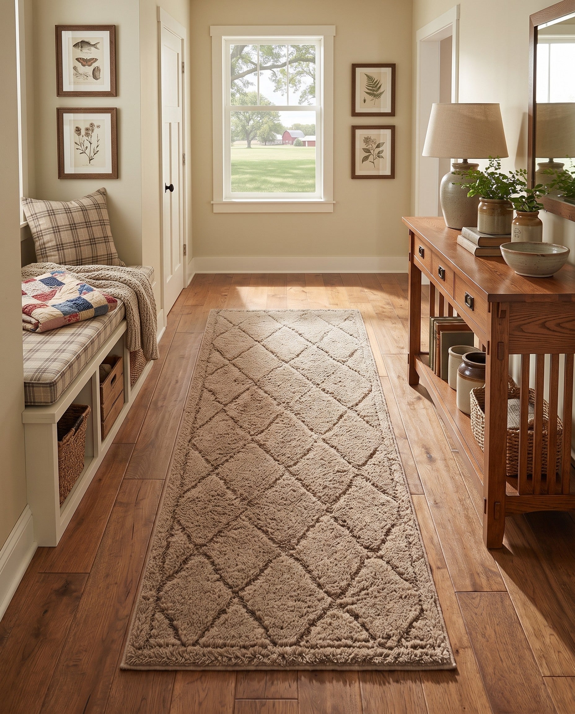 Beige Lattice Shag Runner Rug