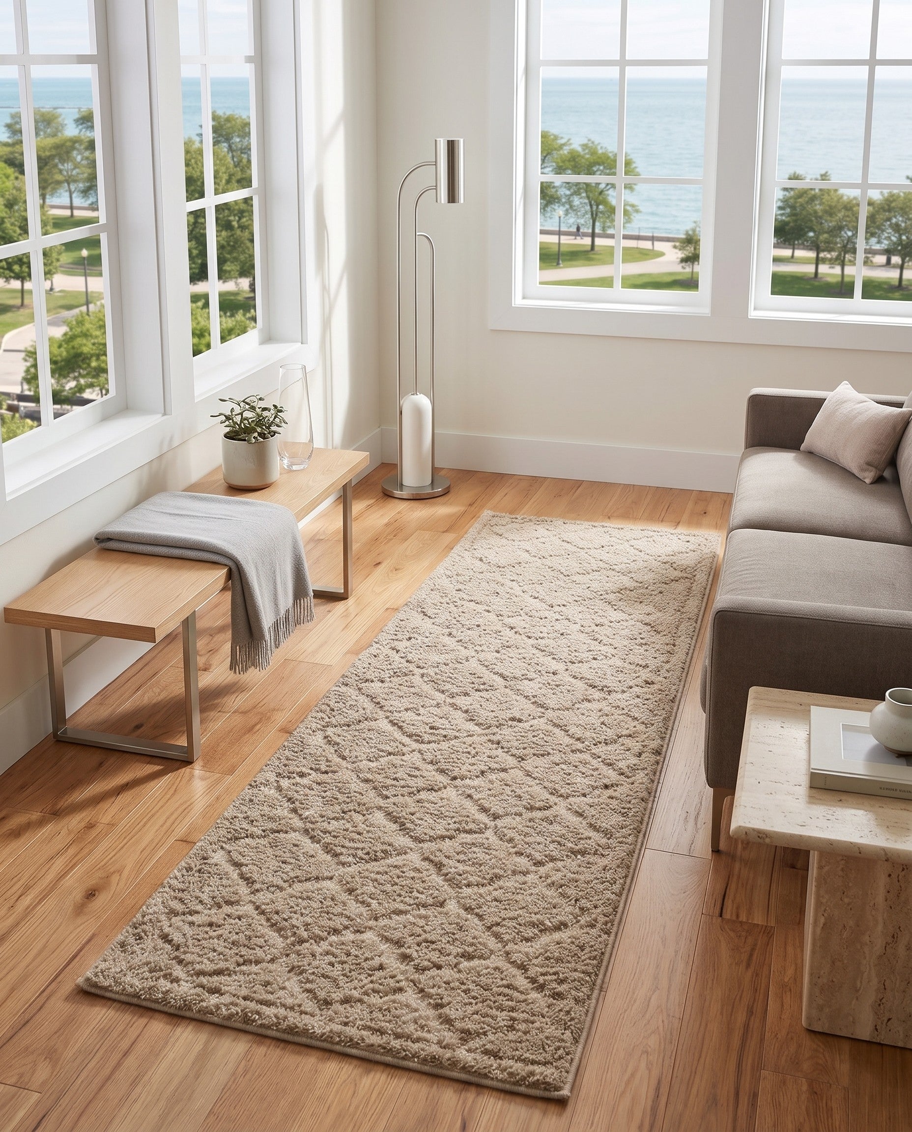 Beige Lattice Shag Runner Rug
