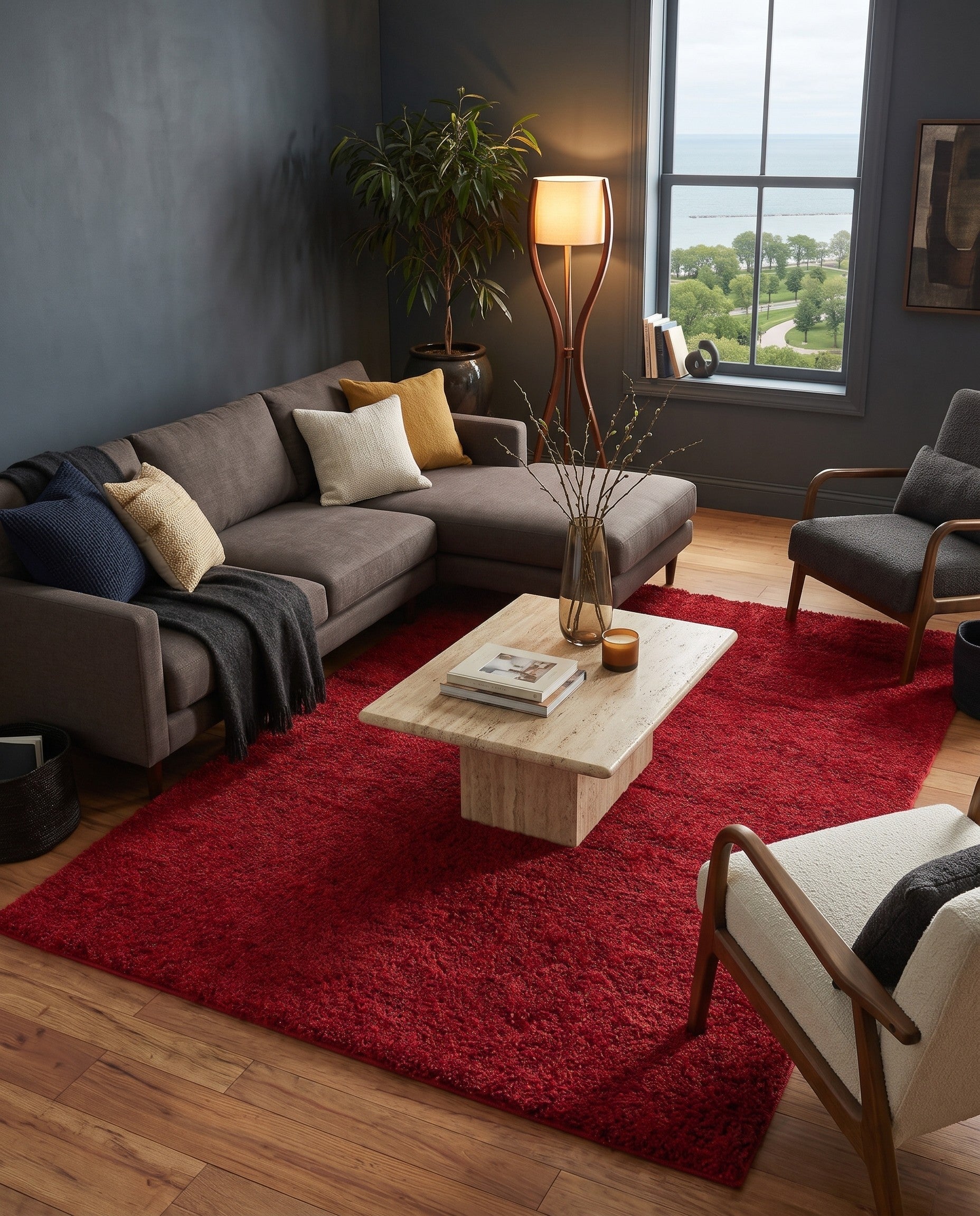 Red Solid Frieze Rug