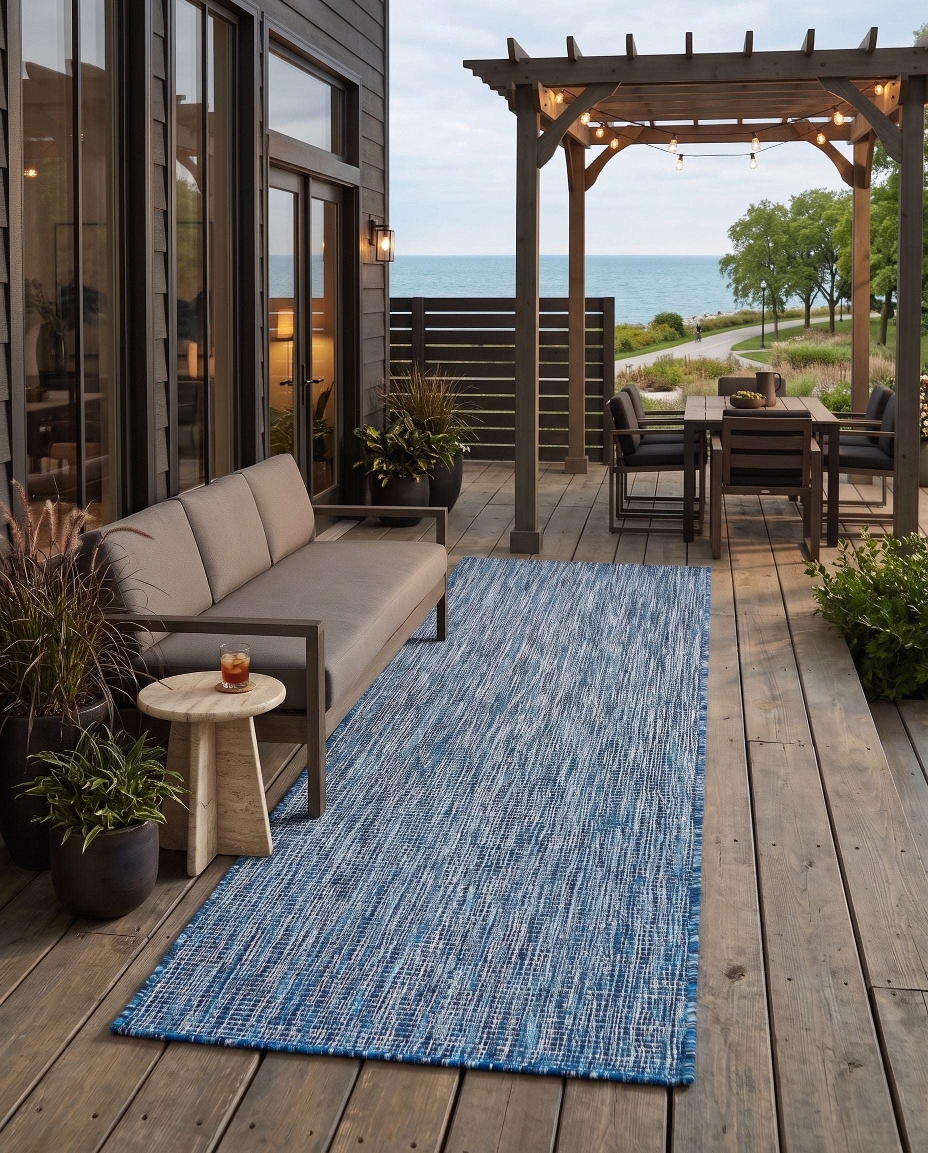 Blue Easy-Clean Solid Indoor / Outdoor Runner Rug