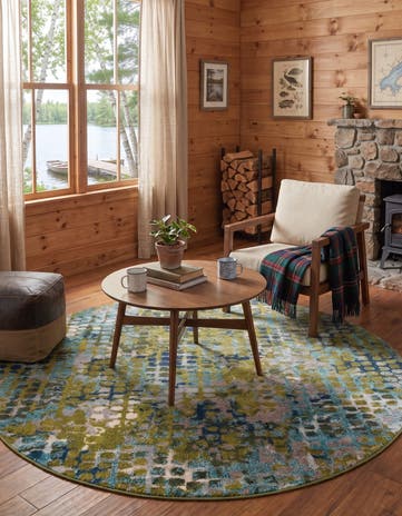 Blue and Green Washable Theia Round Rug