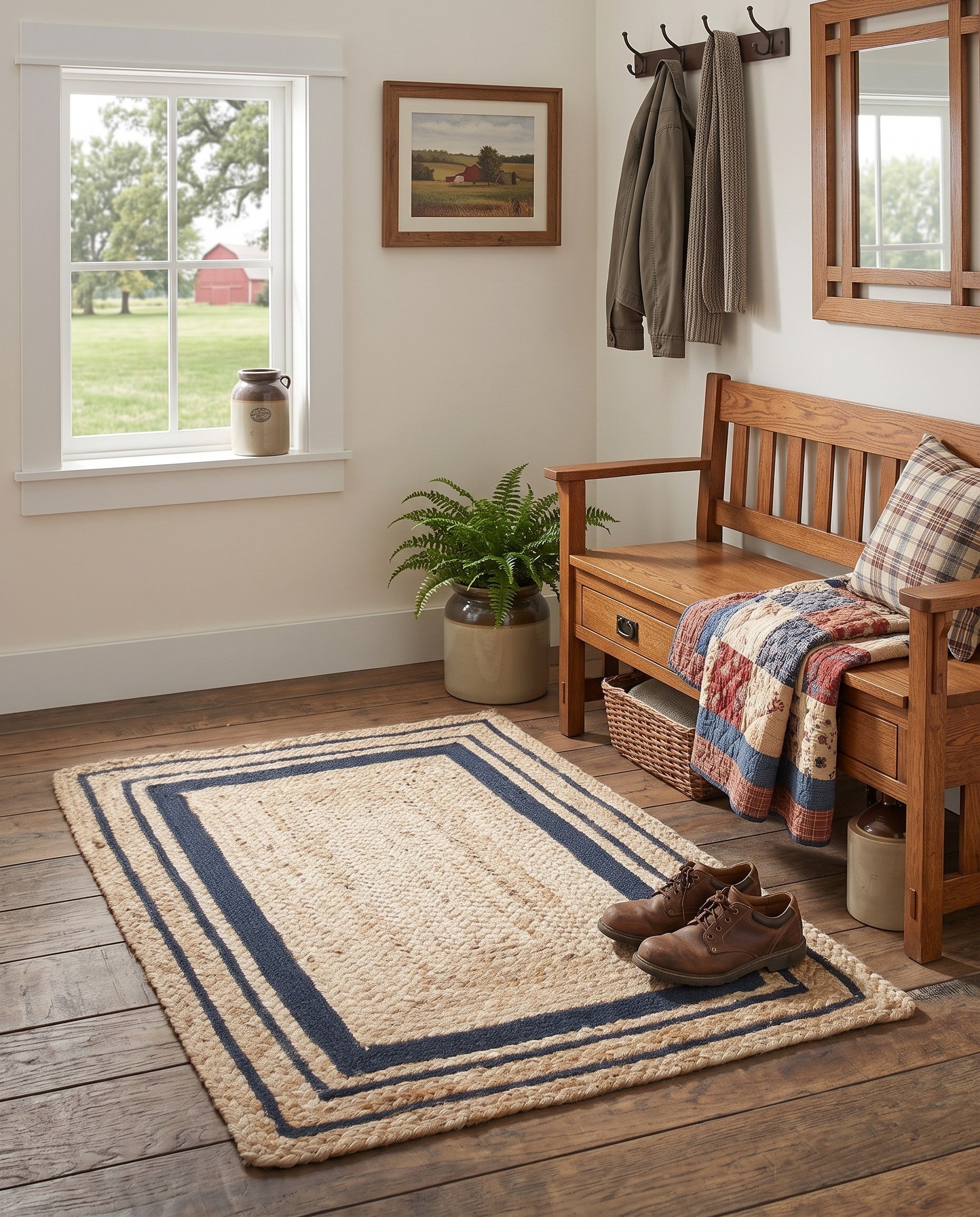Natural and Navy Blue Handmade Braided Jute Rug