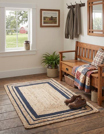 Natural and Navy Blue Handmade Braided Jute Rug