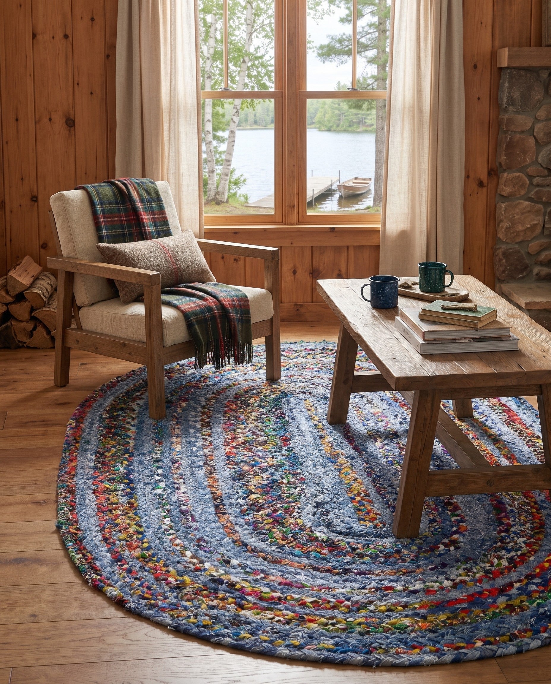 Blue and Multi Handmade Braided Chindi Oval Rug