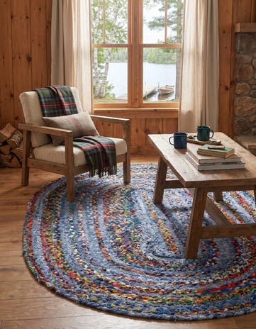 Blue and Multi Handmade Braided Chindi Oval Rug