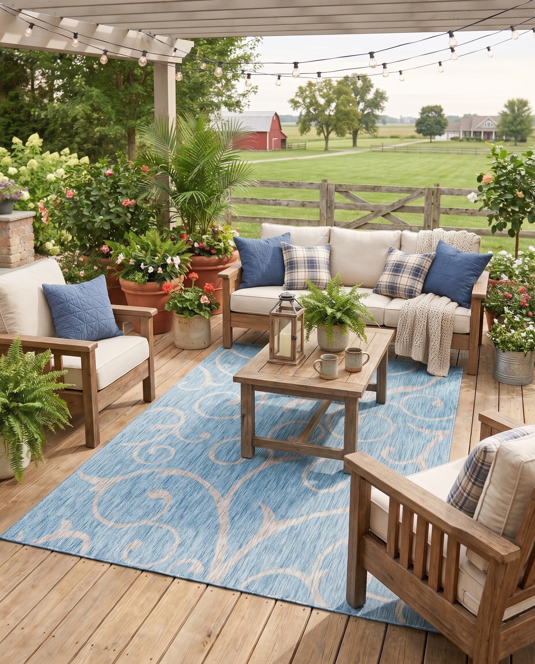 Light Aqua Easy-Clean Botanical Indoor / Outdoor Rug