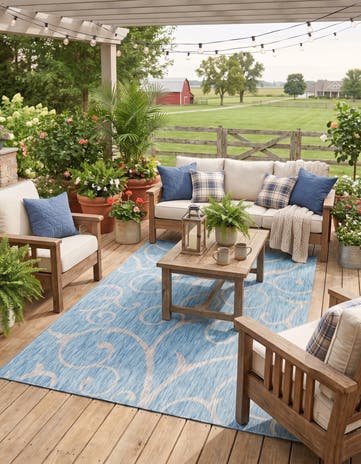 Light Aqua Easy-Clean Botanical Indoor / Outdoor Rug