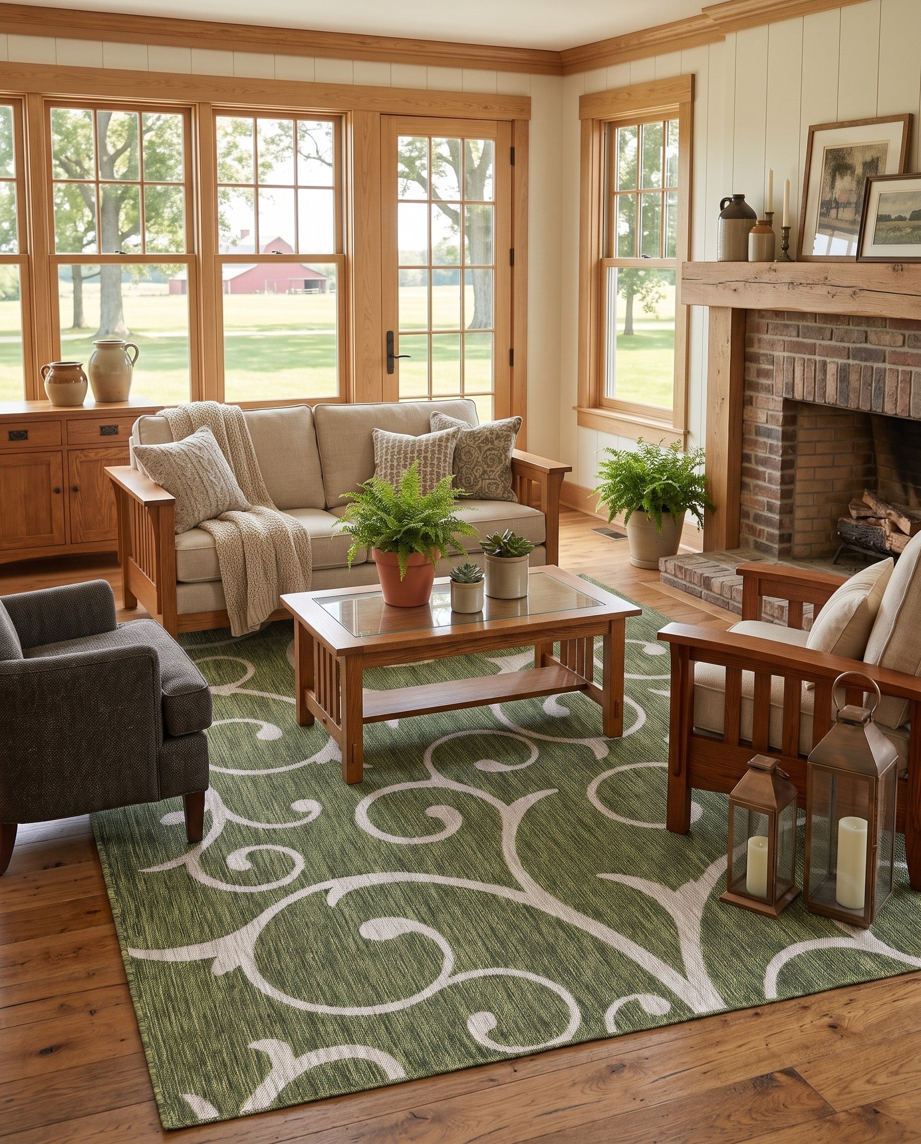 Green Easy-Clean Botanical Indoor / Outdoor Rug