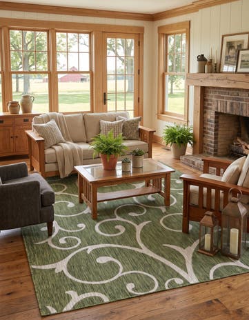 Green Easy-Clean Botanical Indoor / Outdoor Rug