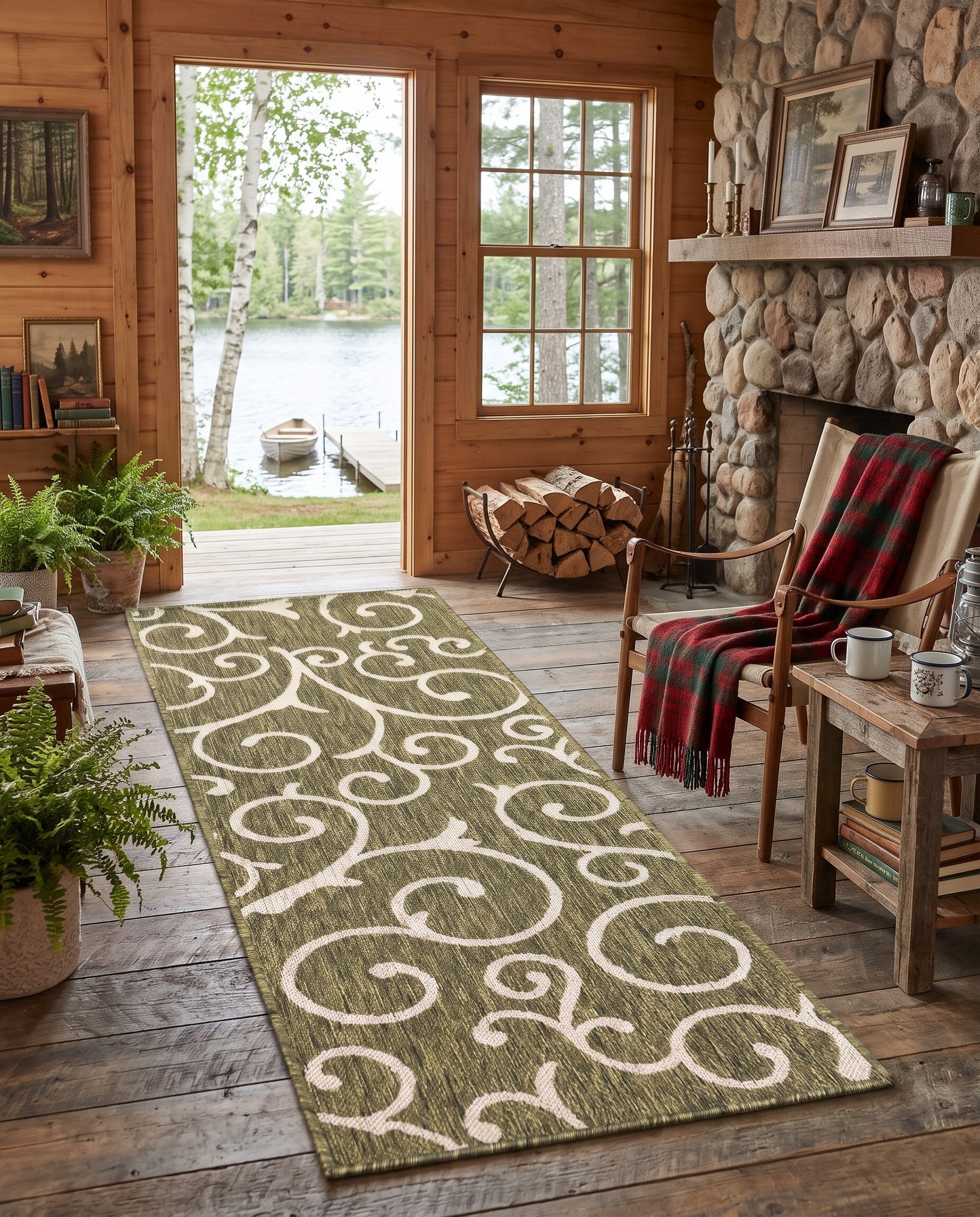 Green Easy-Clean Botanical Indoor / Outdoor Runner Rug