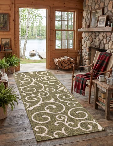 Green Easy-Clean Botanical Indoor / Outdoor Runner Rug
