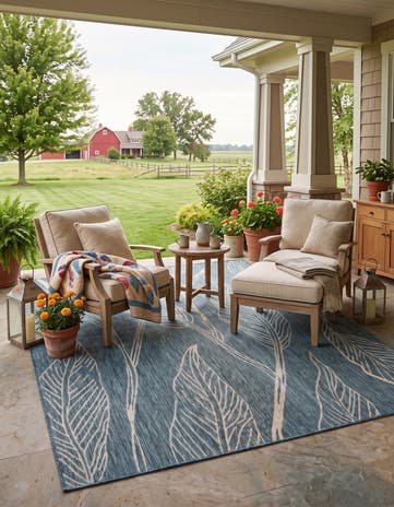 Teal Easy-Clean Botanical Indoor / Outdoor Rug